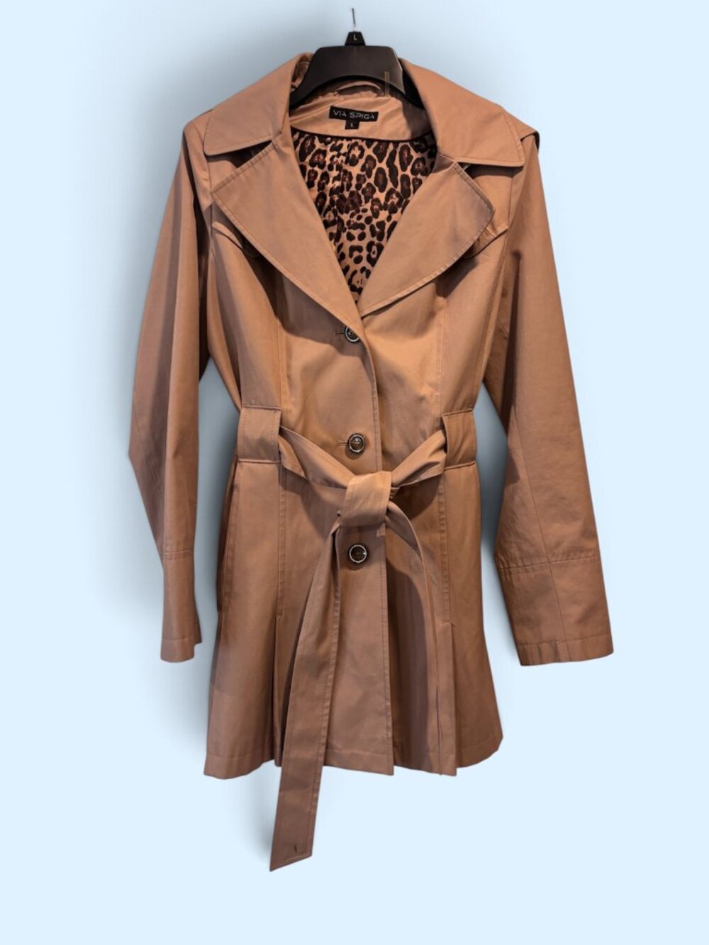Via Spiga Tan Belted Pleated Trench Coat with Leopard Print Lining Size Large